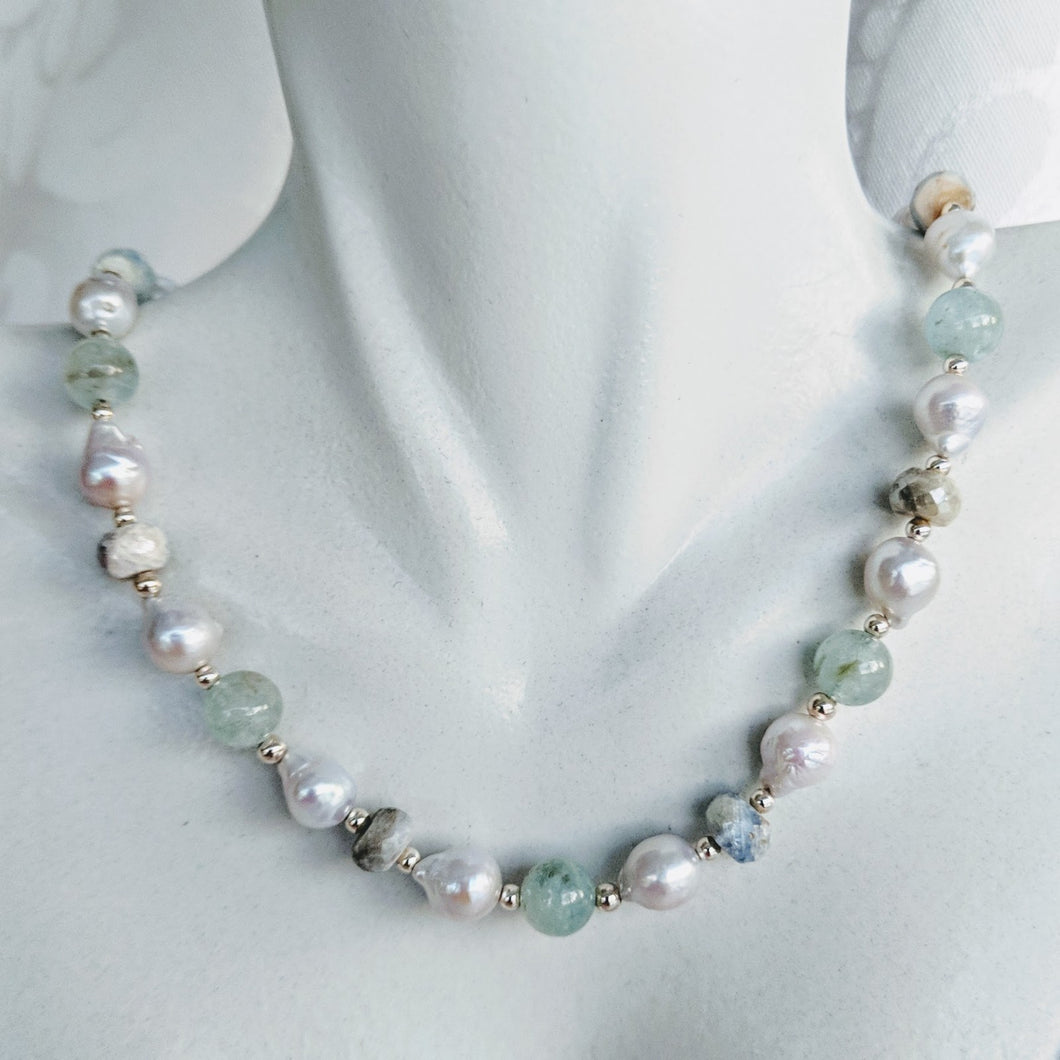 Macy's White Freshwater Cultured Pearl (10.5-11mm) with Blue Aquamarine  (8mm), and Gold Beads (4mm) 18